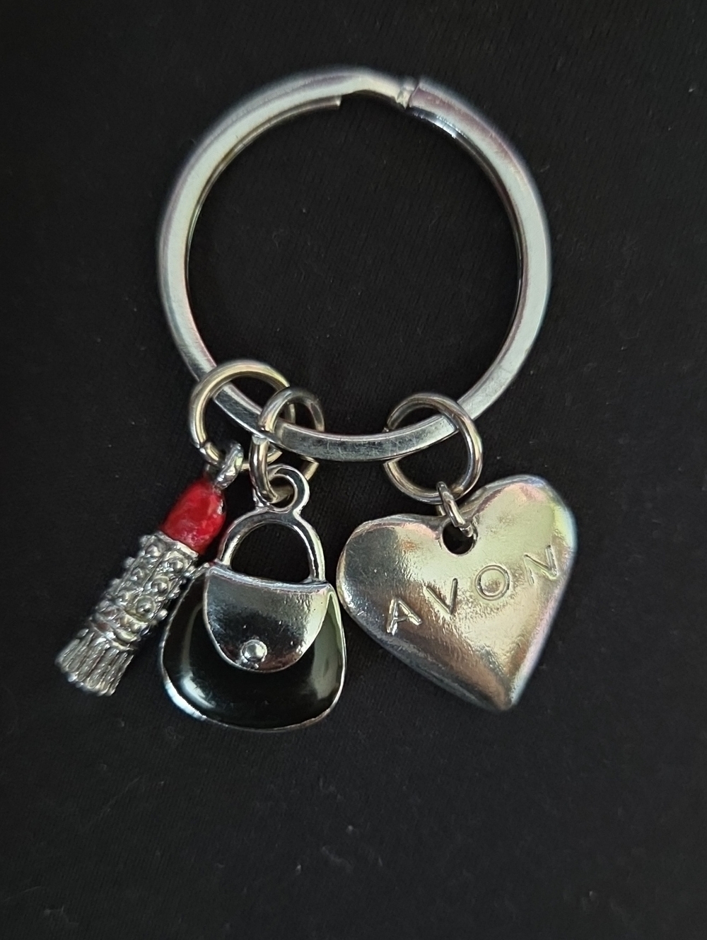Vintage 80s Avon Silver-Tone Heart, Black Enamel Purse & Red Lipstick Keychain